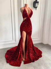 Long Sexy Prom Dresses 2023 Mermaid High Slit Halter Sparkly Red Sequin Prom Gala Party Gowns