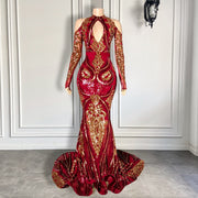 Long Sleeve Sexy Mermaid O-neck Off The Shoulder Burgundy and Gold Sequin Long Prom Dresses For Party