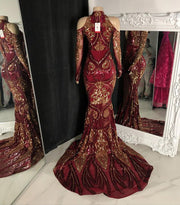 Long Sleeve Sexy Mermaid O-neck Off The Shoulder Burgundy and Gold Sequin Long Prom Dress