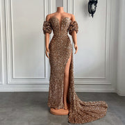 Long Sparkly Prom Dresses Off The Shoulder High Slit Off The Shoulder Gold Sequin Prom Gowns