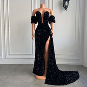 Long Sparkly Prom Dresses Off The Shoulder High Slit Off The Shoulder Gold Sequin Prom Gowns