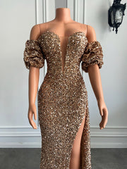 Long Sparkly Prom Dresses Off The Shoulder High Slit Off The Shoulder Gold Sequin Prom Gowns