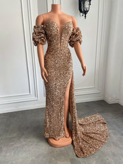 Long Sparkly Prom Dresses Off The Shoulder High Slit Off The Shoulder Gold Sequin Prom Gowns