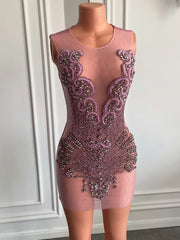 Luxury Sexy Sheer Women Birthday Party Cocktail Gowns Pink Crystals Short Prom Dresses