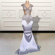 Luxury Beaded Crystals Mermaid Long Prom Dress V-neck Sheer Mesh