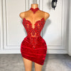 Beaded High Neck Red Velvet Birthday Dress