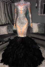 Luxury Beading Prom Dresses With Elegant High Neck Long Sleeve Evening Dresses Mermaid Feather Hemline Robe De Soriee