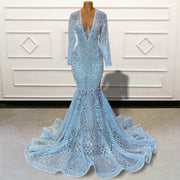 Luxury Mermaid Long Prom Dresses Sparkly Sequined Beaded Full Sleeves V Neck Women Custom Formal Evening Gown