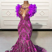 Luxury Mermaid Sparkly Sequin Feather Backless Prom Dress