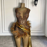 Luxury Gold Diamond Formal Occasion Cocktail Dresses Sheer Sexy See Through Feather Short Prom Dresses Birthday