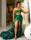 Green Mermaid Sheer O Neck Long Beaded Crystal Ruffles Prom Dress