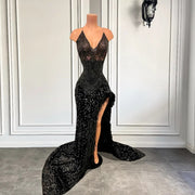 Luxury Long Prom Dresses Halter Sexy High Slit Handmade Beaded Feather Sequined Women Formal Prom Gala Gowns