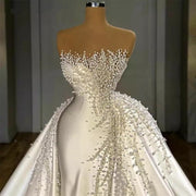 Luxury Satin Wedding Dresses with Crystal Beaded Pearls Diamonds Bridal Gown with Detachable Train DS01