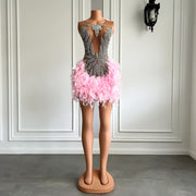 Luxury Sexy Sheer Silver Rhinestone Homecoming Cocktail Dress Pink Feather Short Prom Women Birthday Party Gowns