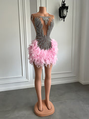Luxury Sexy Sheer Silver Rhinestone Homecoming Cocktail Dress Pink Feather Short Prom Women Birthday Party Gowns