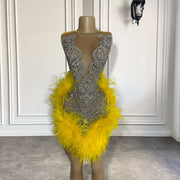 Luxury Silver Rhinestone Birthday Dress Sheer Sexy Yellow Feather Homecoming Cocktail Short Prom Dress