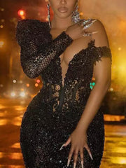 M32 Fashion Sexy Black One-Shoulder Mermaid/Trumpet Floor-Length Evening Dresses/Women Prom Gowns
