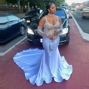 Major Beads Evening Dresses With Extra Half Sleeves Crystals Tassels Plus Size Mermaid Prom Dress Black Girls Birthday Gowns