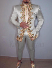 Men Suit Two Piece (Jacket+Pants+Belt) Italian Stand Collar Slim Fit Wedding Suit for Men Custom Made Embroidery Suit