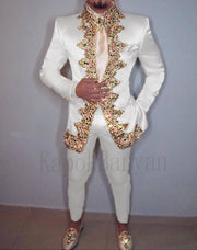 Men Suit Two Piece (Jacket+Pants+Belt) Italian Stand Collar Slim Fit Wedding Suit for Men Custom Made Embroidery Suit