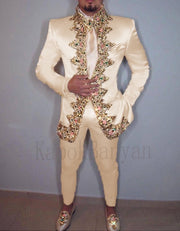 Men Suit Two Piece (Jacket+Pants+Belt) Italian Stand Collar Slim Fit Wedding Suit for Men Custom Made Embroidery Suit