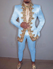 Men Suit Two Piece (Jacket+Pants+Belt) Italian Stand Collar Slim Fit Wedding Suit for Men Custom Made Embroidery Suit