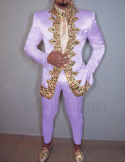 Men Suit Two Piece (Jacket+Pants+Belt) Italian Stand Collar Slim Fit Wedding Suit for Men Custom Made Embroidery Suit