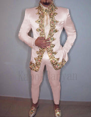 Men Suit Two Piece (Jacket+Pants+Belt) Italian Stand Collar Slim Fit Wedding Suit for Men Custom Made Embroidery Suit