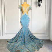 Mermaid Prom Dresses Sexy Sheer V-neck Sleeveless Silver Crystals Light Blue Sequin Prom Gala Party Gowns