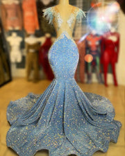 Sexy Sheer V-neck Sleeveless Silver Crystals Light Blue Sequin Prom Dress