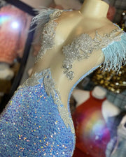 Sexy Sheer V-neck Sleeveless Silver Crystals Light Blue Sequin Prom Dress