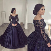 Navy Blue Quinceanera Dress Long Sleeve V-Neck Lace Appliques Satin Prom Party Princess Ball Gown Sweet 15 Sweep Train