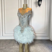 New Arrival Luxury Handmade Silver Diamond Women Birthday Party Formal Gowns White Feather Short Prom Dresses