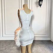 New Arrival Luxury Handmade Silver Diamond Women Birthday Party Formal Gowns White Feather Short Prom Dresses