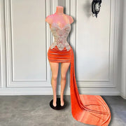 Orange Velvet Beaded Birthday Dress with Train