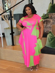 Color Block Short Sleeve Plus Size Maxi Dresses