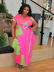 Color Block Short Sleeve Plus Size Maxi Dresses