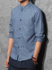 Chinese Style Solid Stand Collar Shirt For Men