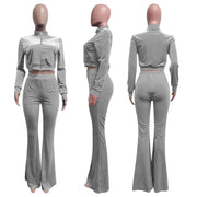 Sporty Velvet Solid Zipper 2 Piece Pant Sets