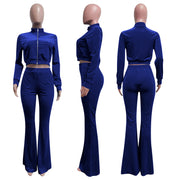Sporty Velvet Solid Zipper 2 Piece Pant Sets
