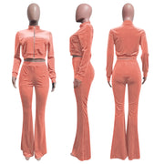 Sporty Velvet Solid Zipper 2 Piece Pant Sets