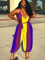 Contrast Color V Neck Plus Size Loose Jumpsuit