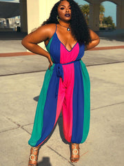 Contrast Color V Neck Plus Size Loose Jumpsuit