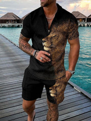 Fashion Zipper Contrast Color Printing Men's Short Suit