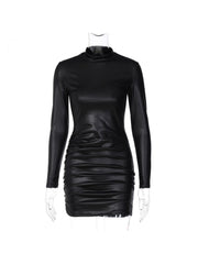Fall Solid Ruched Long Sleeve Mini Dress
