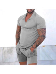 2023 Pure Color Zipper Men's Short Sleeve Suit