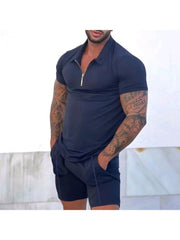 2023 Pure Color Zipper Men's Short Sleeve Suit