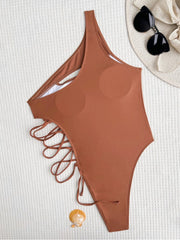 Inclined One Shoulder  Pure Color Cutout One Piece Swimsuits