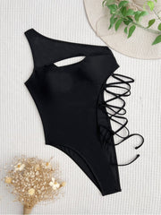 Inclined One Shoulder  Pure Color Cutout One Piece Swimsuits