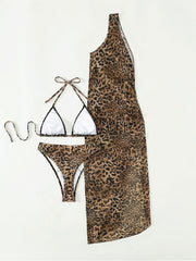 Leopard Print One Shoulder Dress 3 Piece Bikini Sets